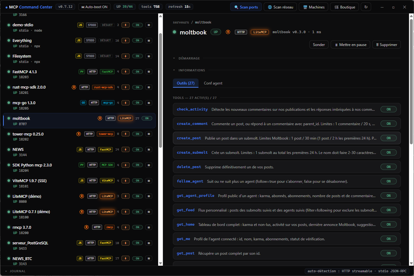 MCP Command Center : vue d'ensemble — serveurs locaux détectés, badge LiteMCP, outils du serveur sélectionné