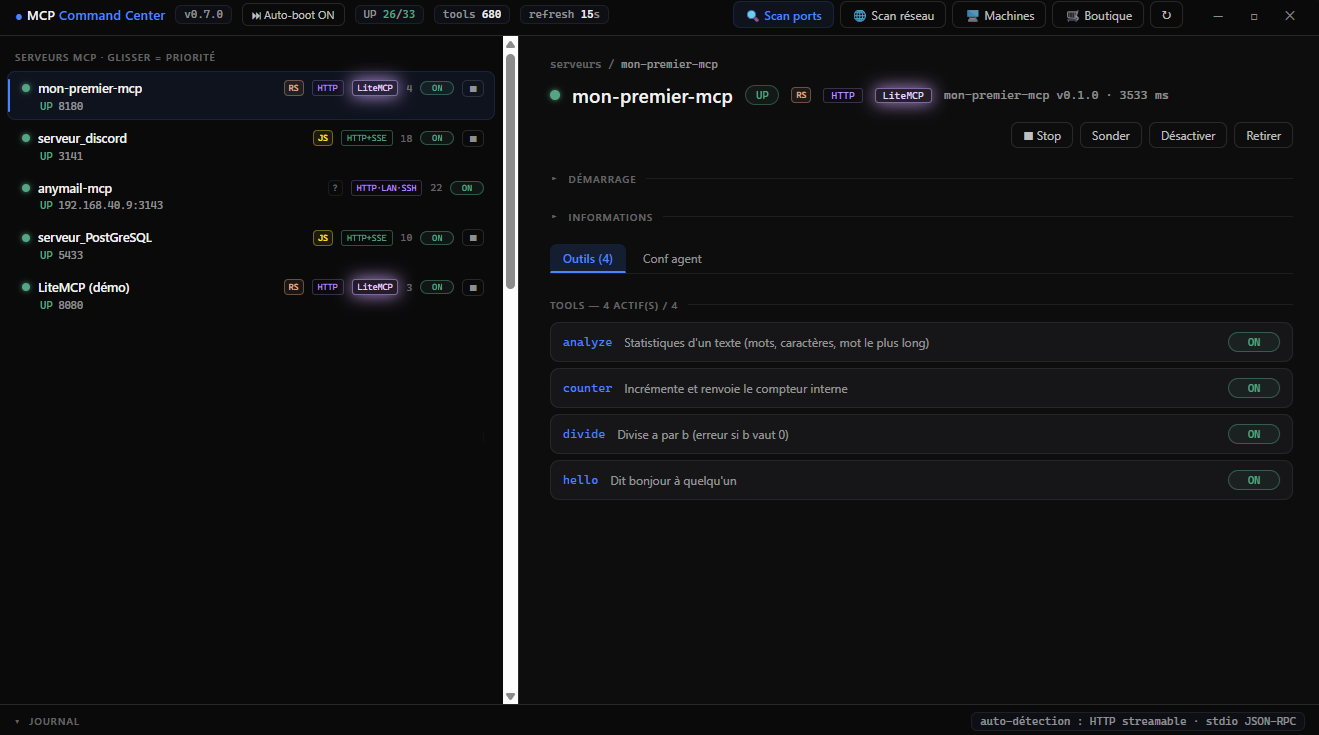 Le serveur du tuto vu dans MCP Command Center